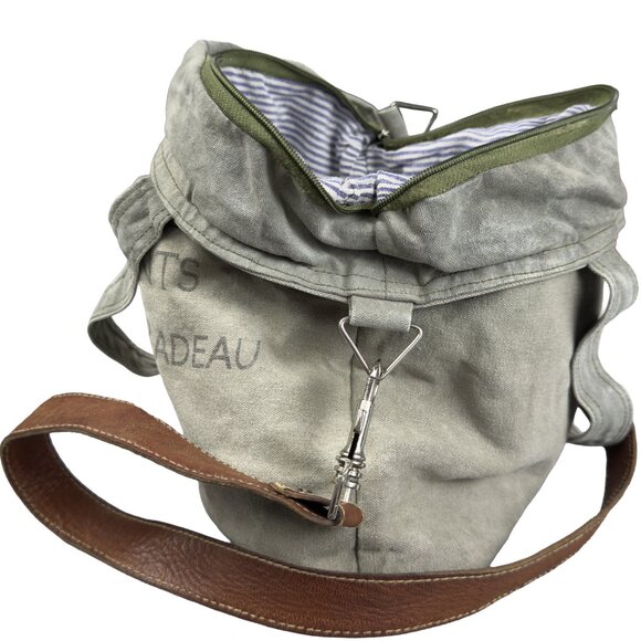 Vintage French Canvas Crossbody Bag Stenciled Text Leather Strap Utility Purse - Picture 4 of 10